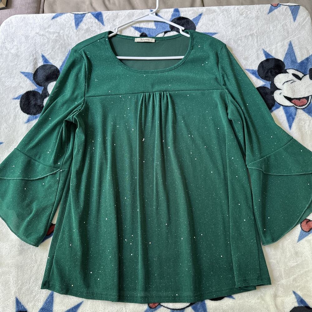 Bebonnie Womens Large Tunic Top Ruffles Sparkles Glitter Layered Green EUC Lined